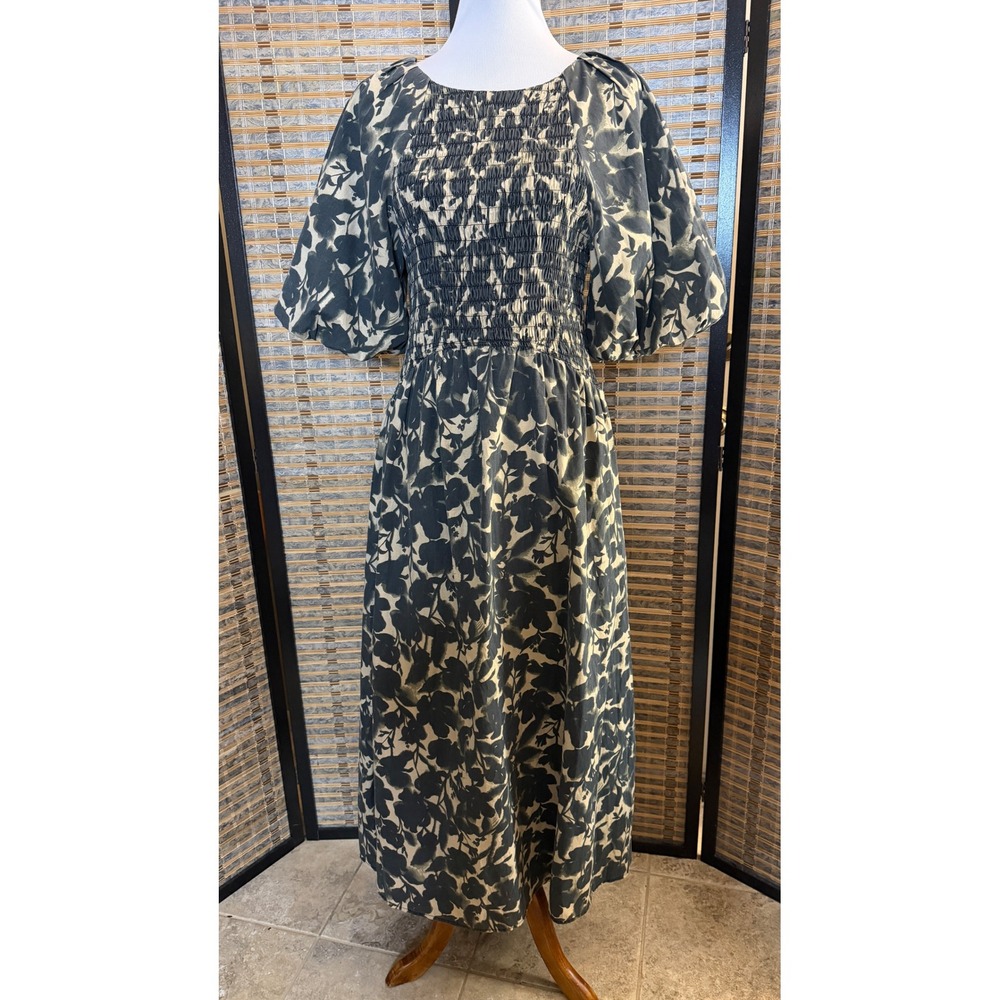 Zoey & Leelo Floral Smocked Puff Sleeve Midi Dress Womens Size M Black Cream